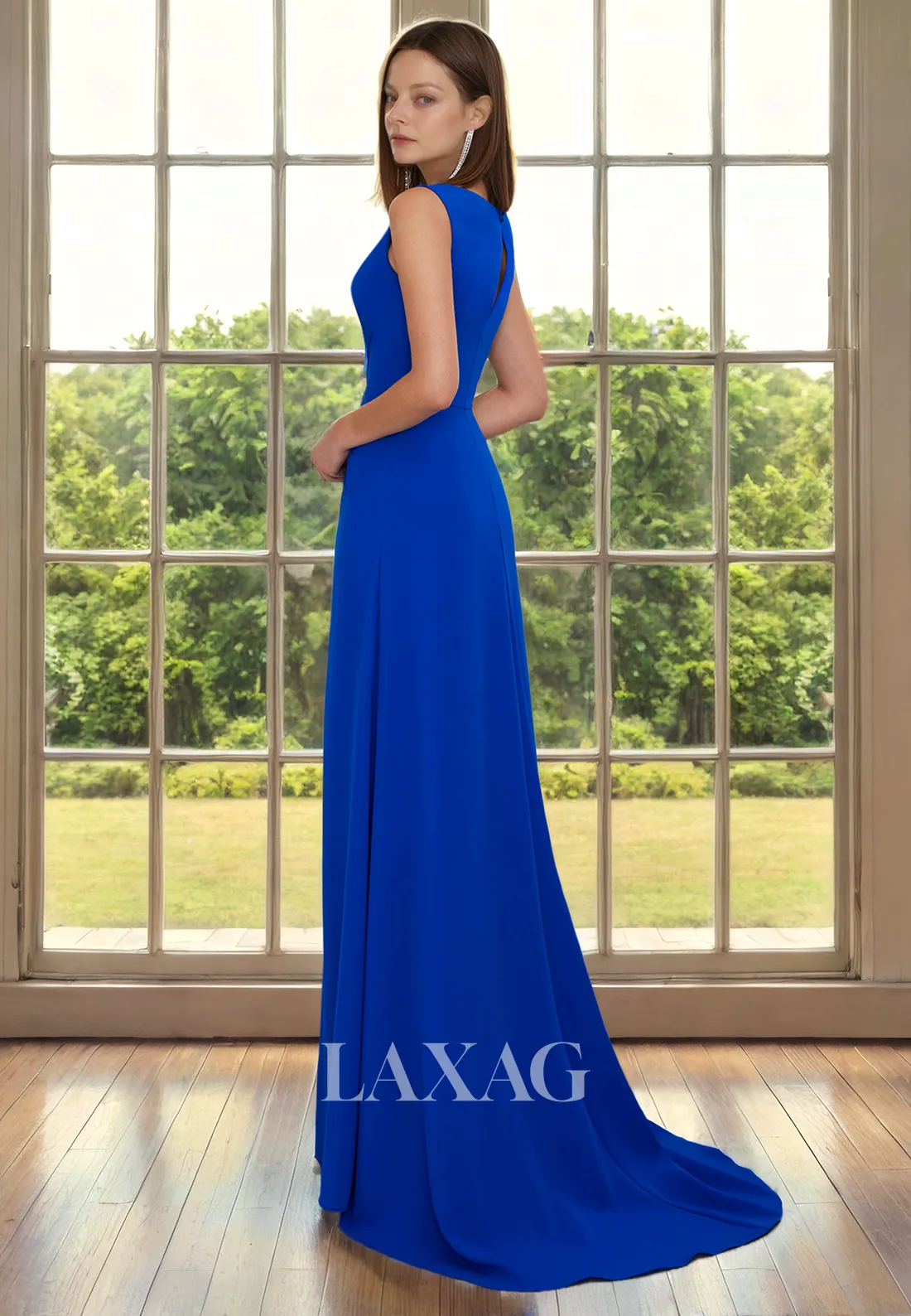 A-Line V-Neck Sleeveless Sleek Satin Mother of the Bride Dress with Slit and Train