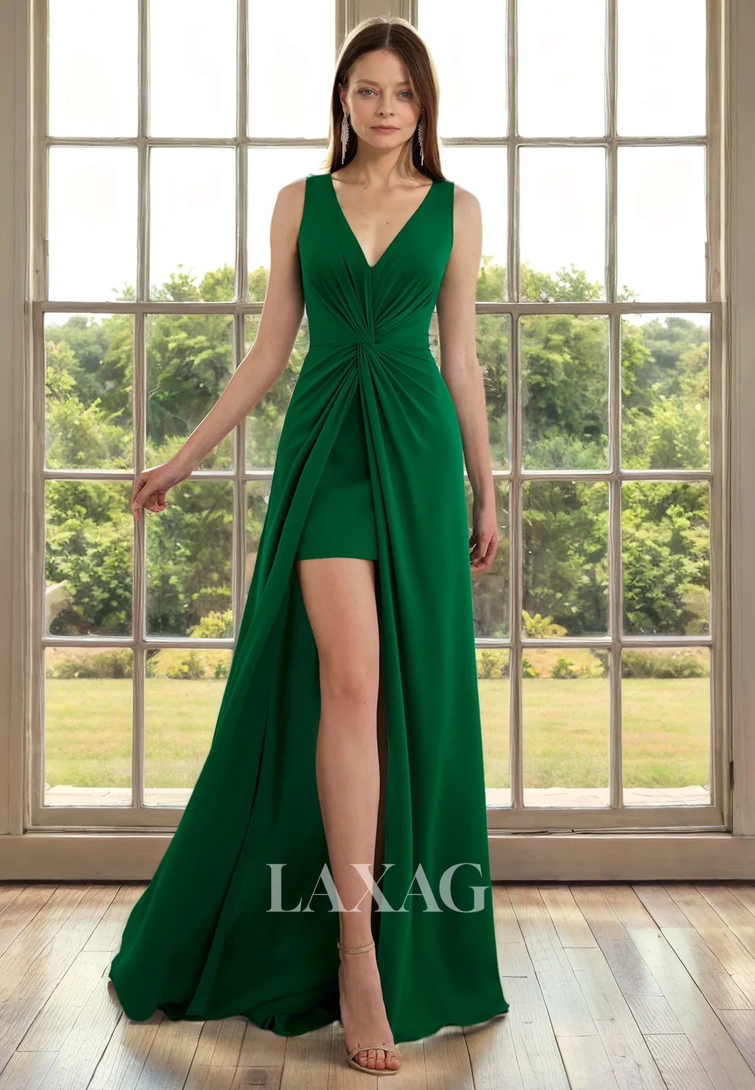 A-Line V-Neck Sleeveless Sleek Satin Mother of the Bride Dress with Slit and Train