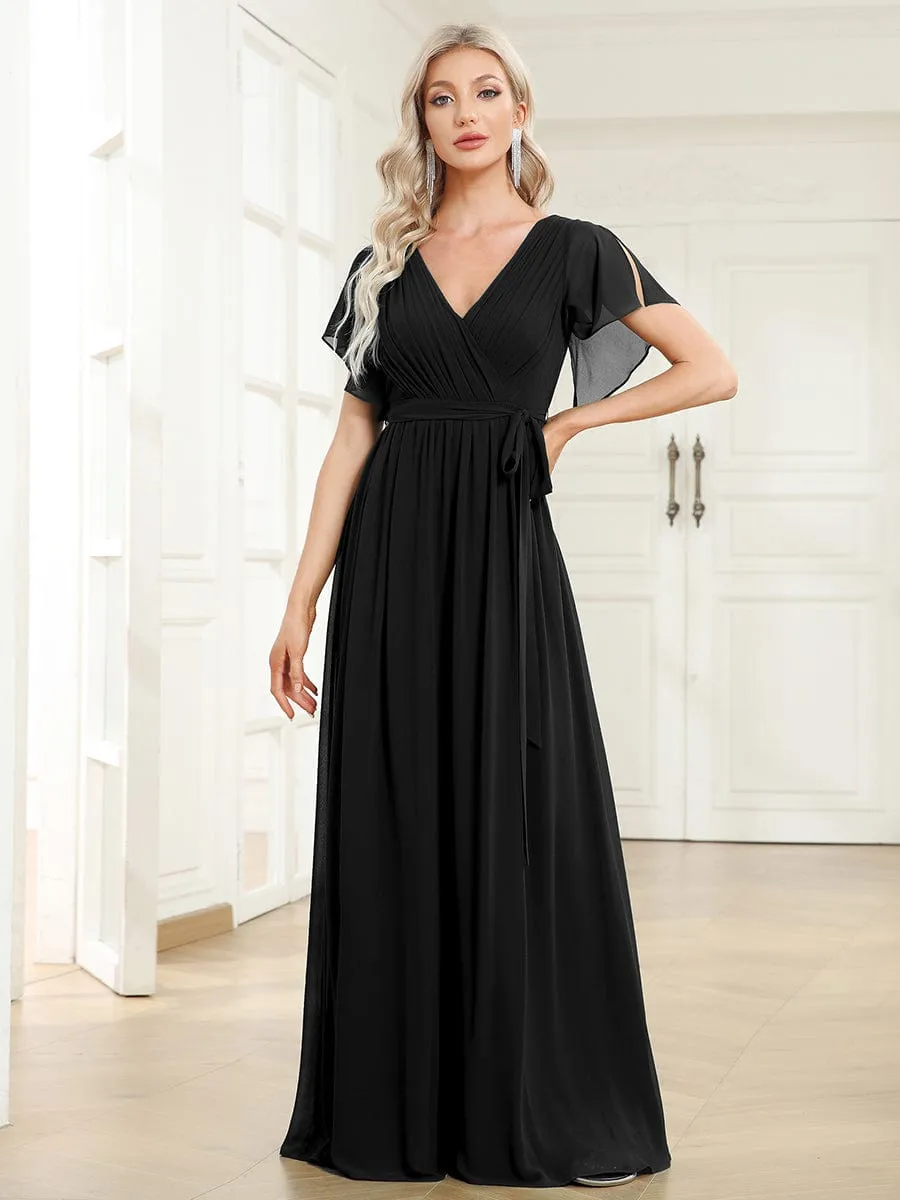 AUDREY CHIFFON V-NECK EVENING DRESS