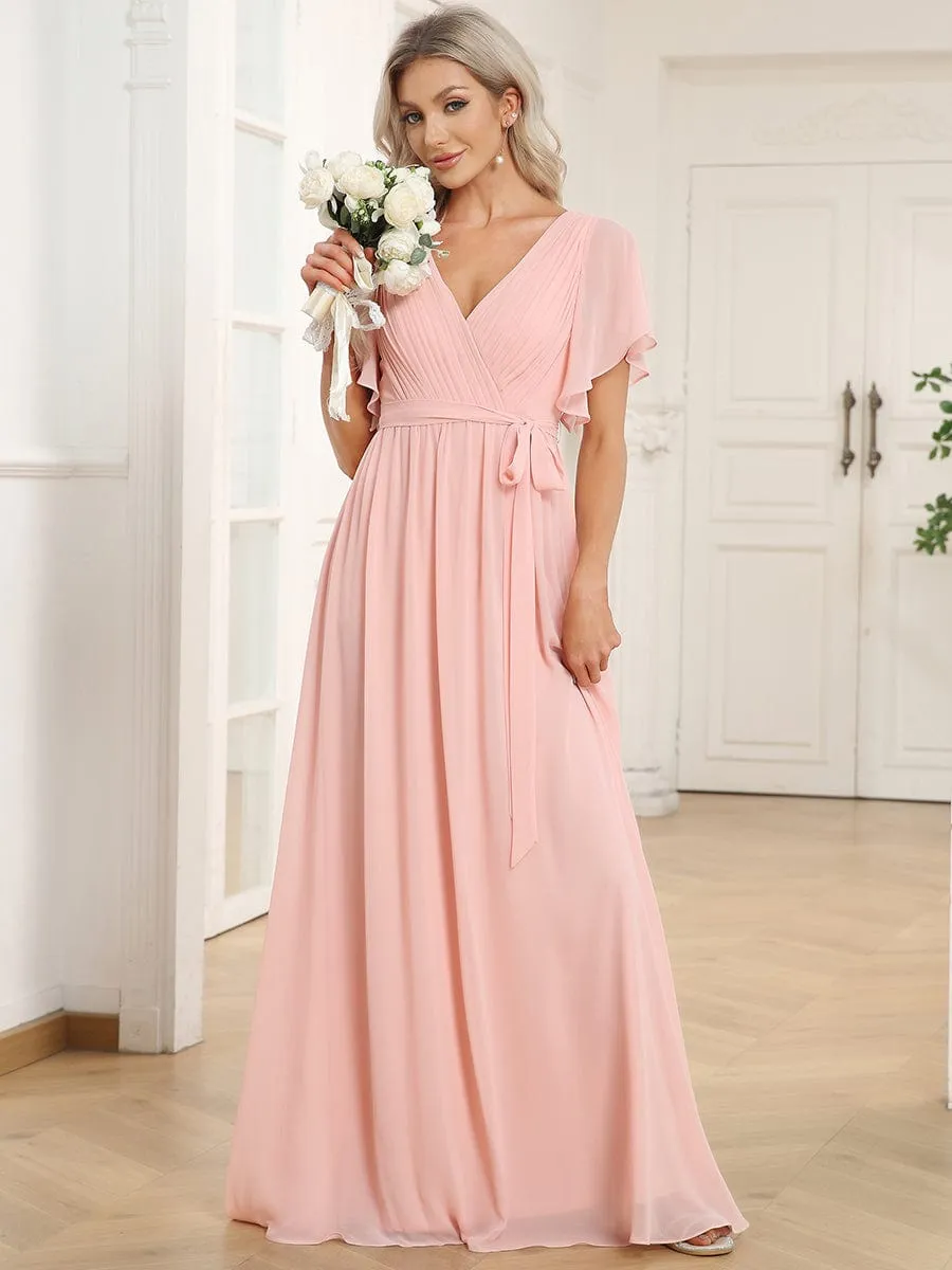 AUDREY CHIFFON V-NECK EVENING DRESS