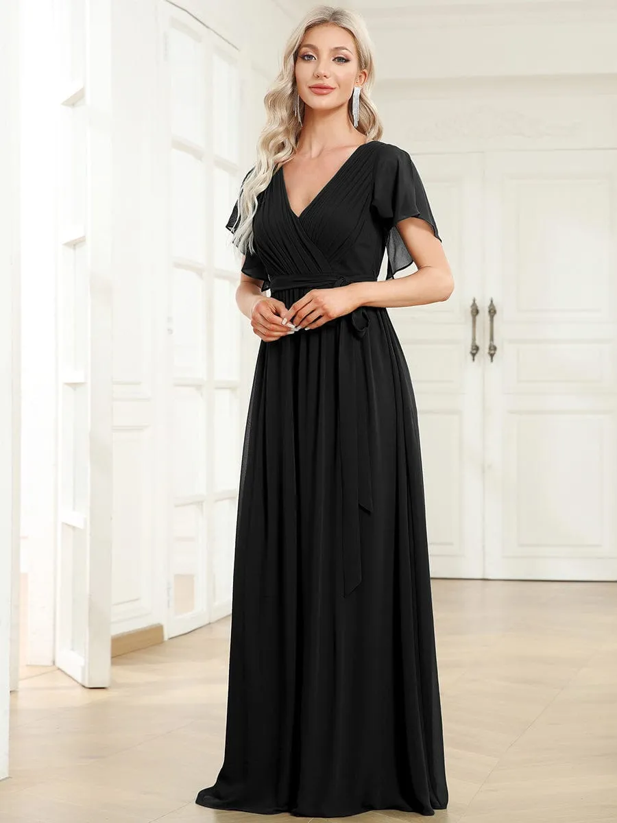 AUDREY CHIFFON V-NECK EVENING DRESS