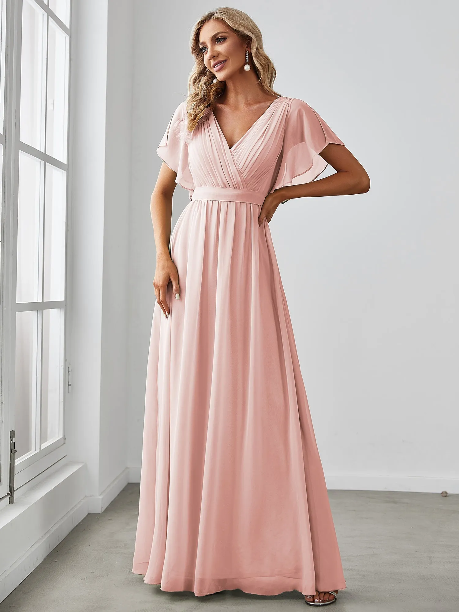 AUDREY CHIFFON V-NECK EVENING DRESS