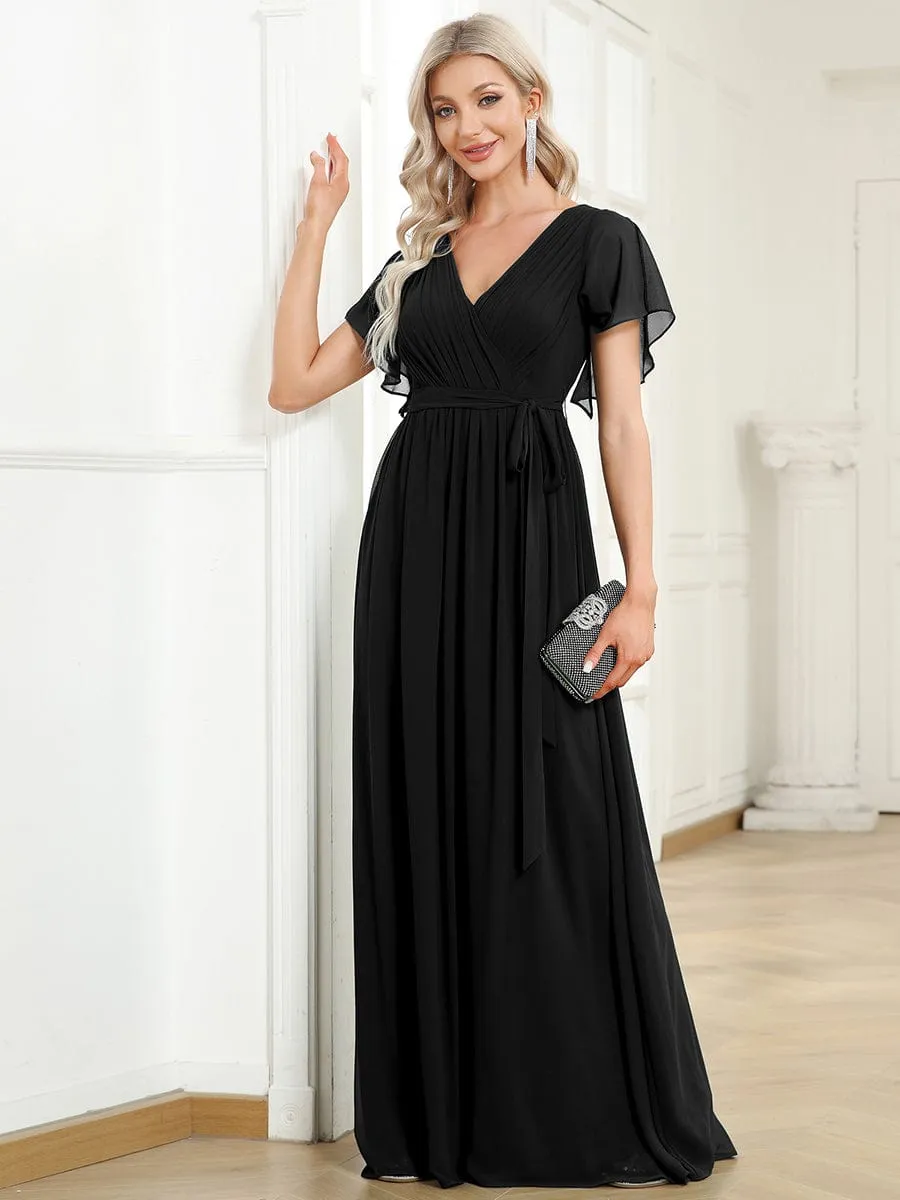 AUDREY CHIFFON V-NECK EVENING DRESS