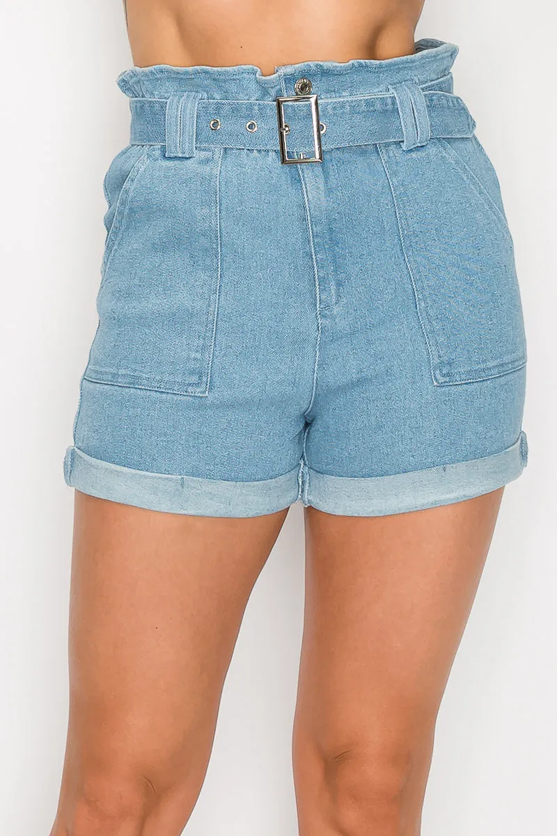 Belted Paperbag Denim Shorts - 3 colors - Ships from The US