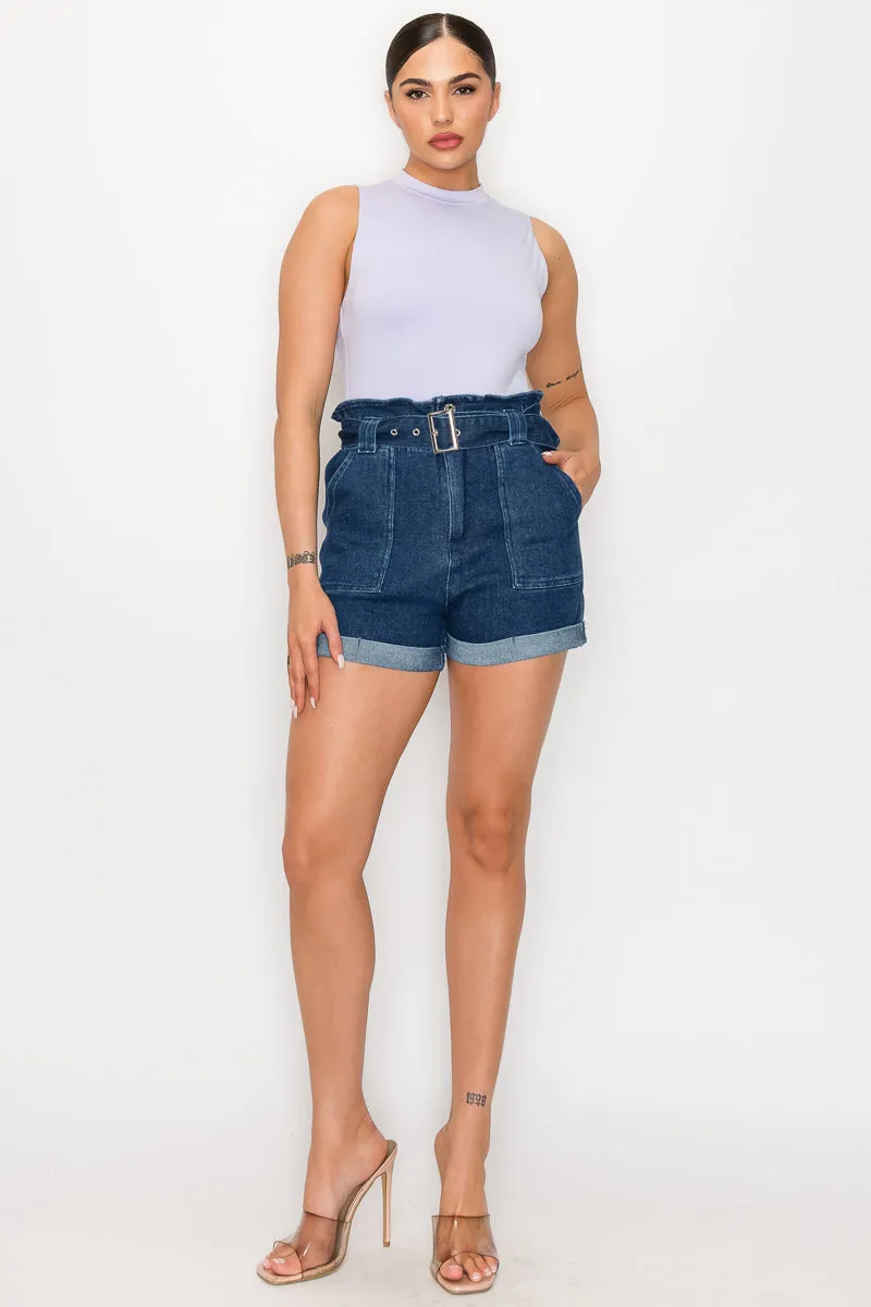 Belted Paperbag Denim Shorts - 3 colors - Ships from The US