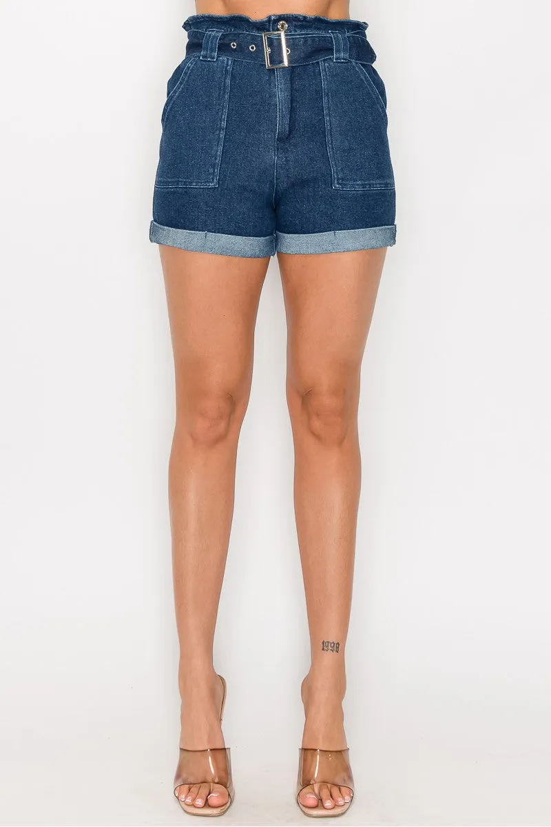 Belted Paperbag Denim Shorts - 3 colors - Ships from The US