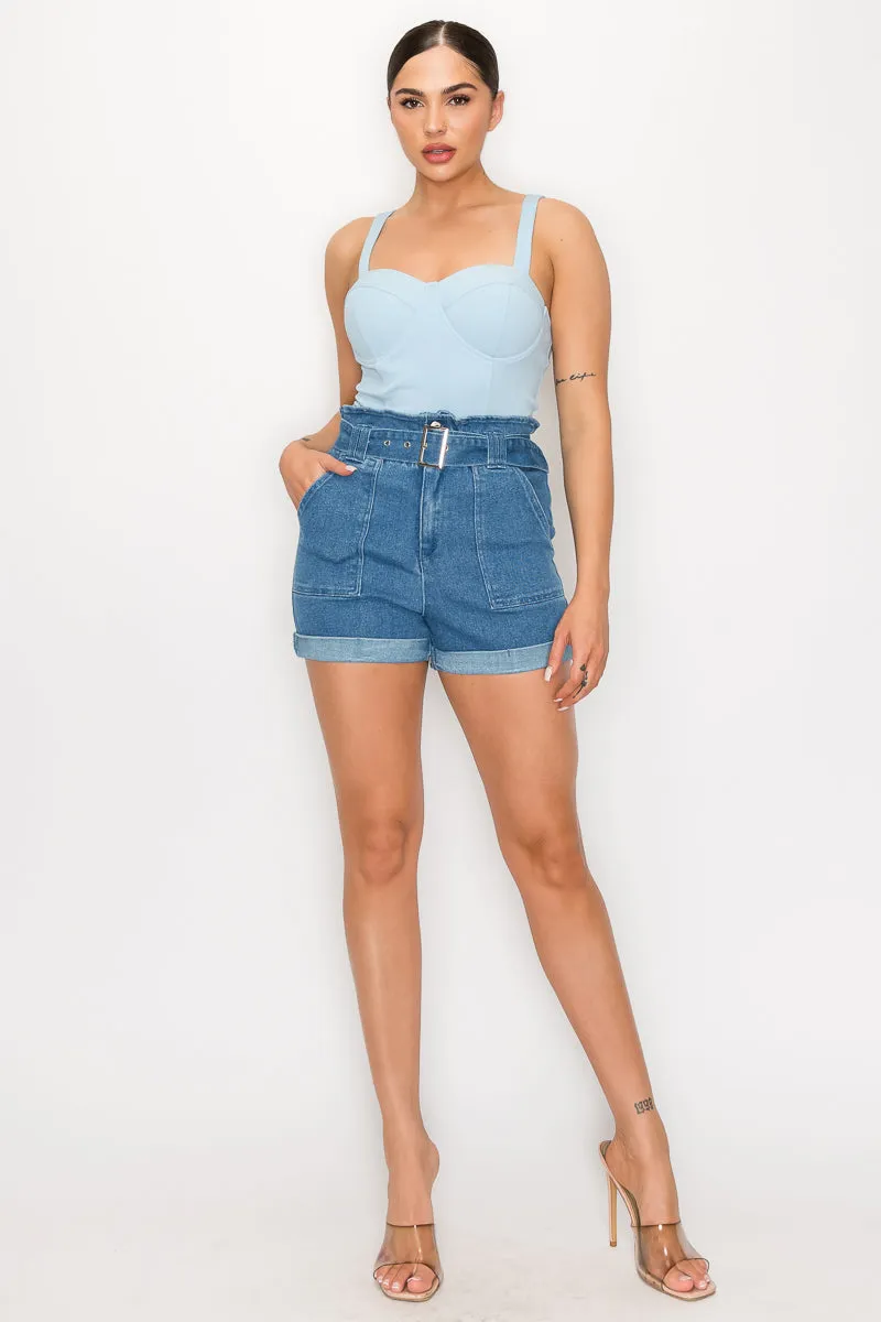 Belted Paperbag Denim Shorts - 3 colors - Ships from The US