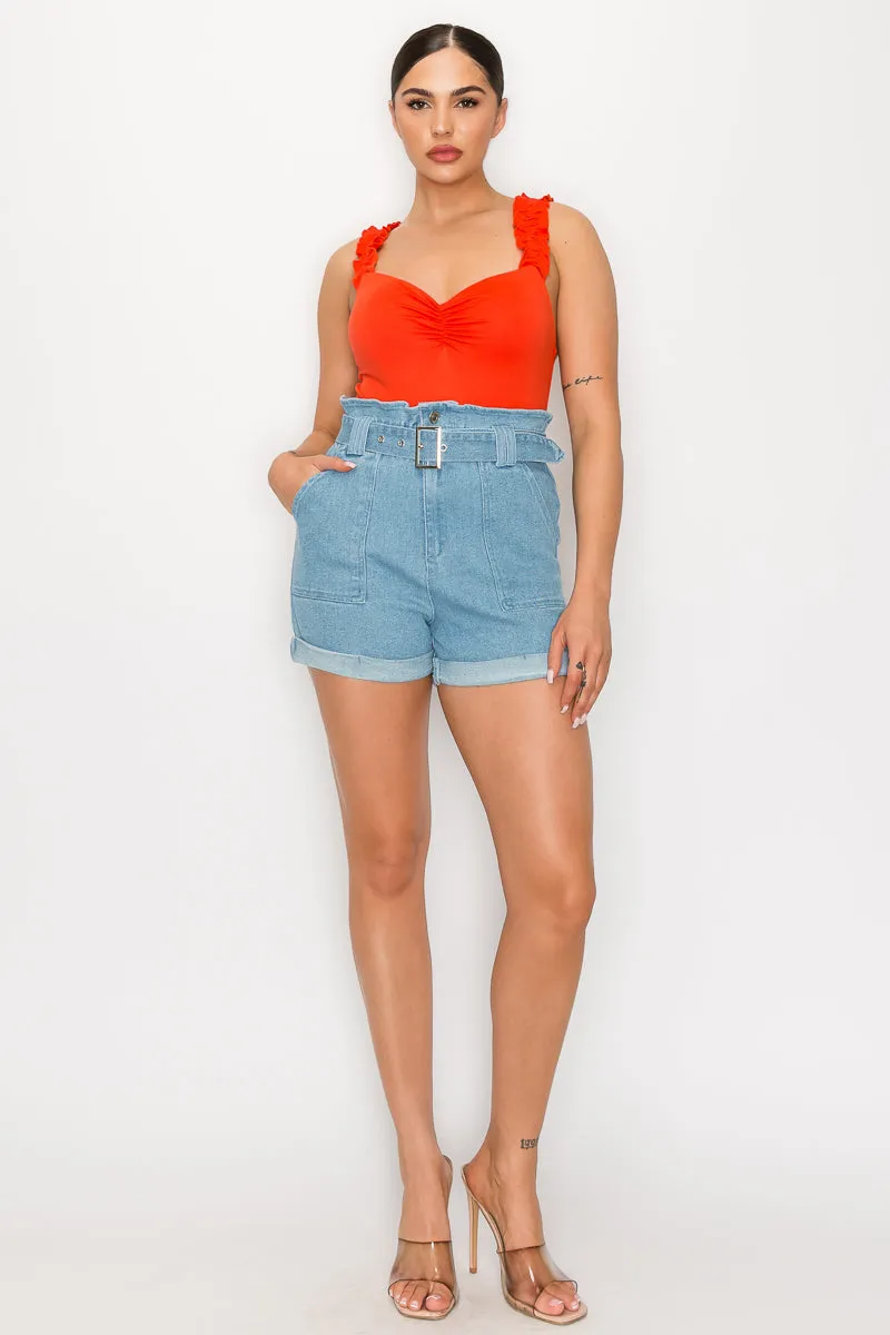 Belted Paperbag Denim Shorts - 3 colors - Ships from The US