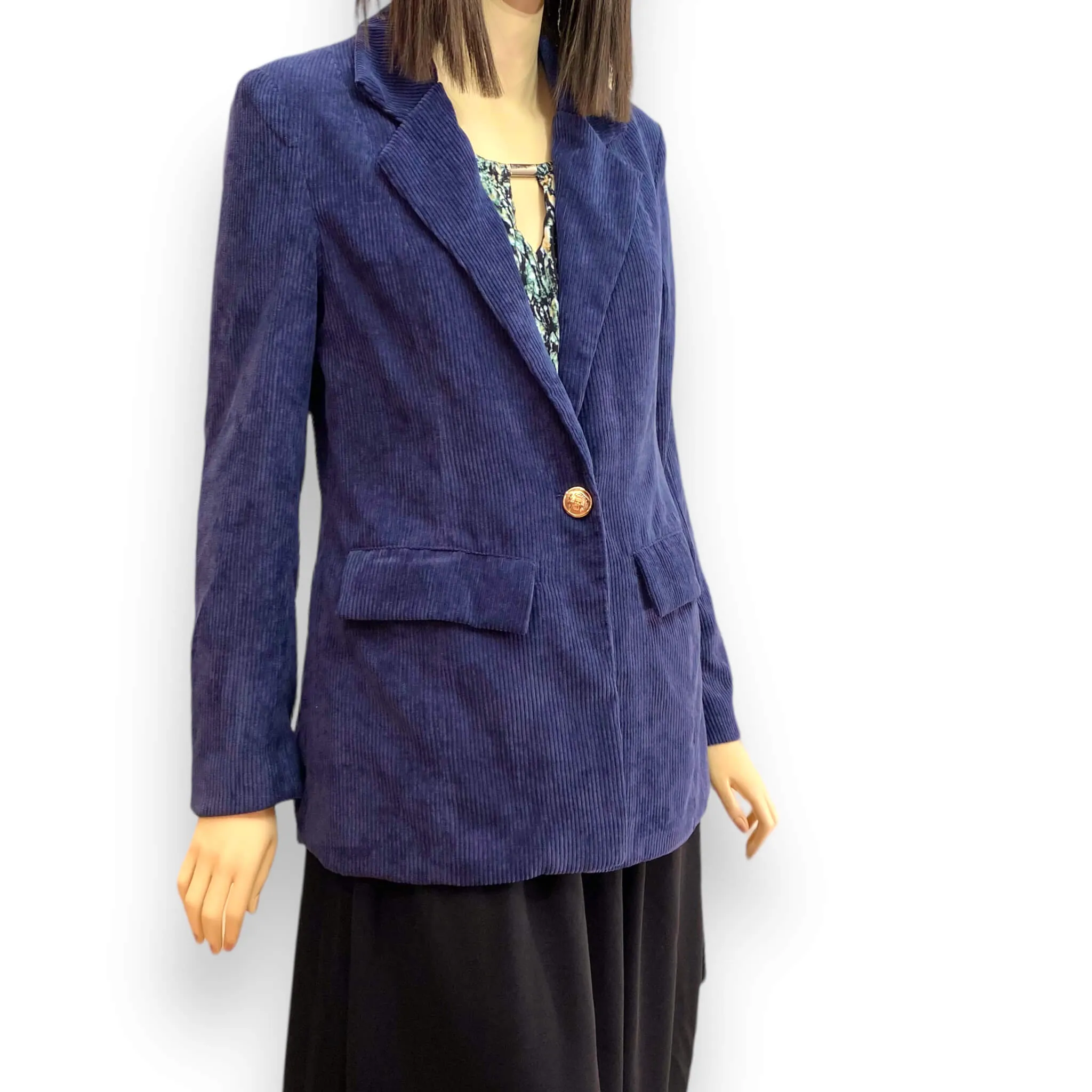 Blue Corduroy Button Front Blazer