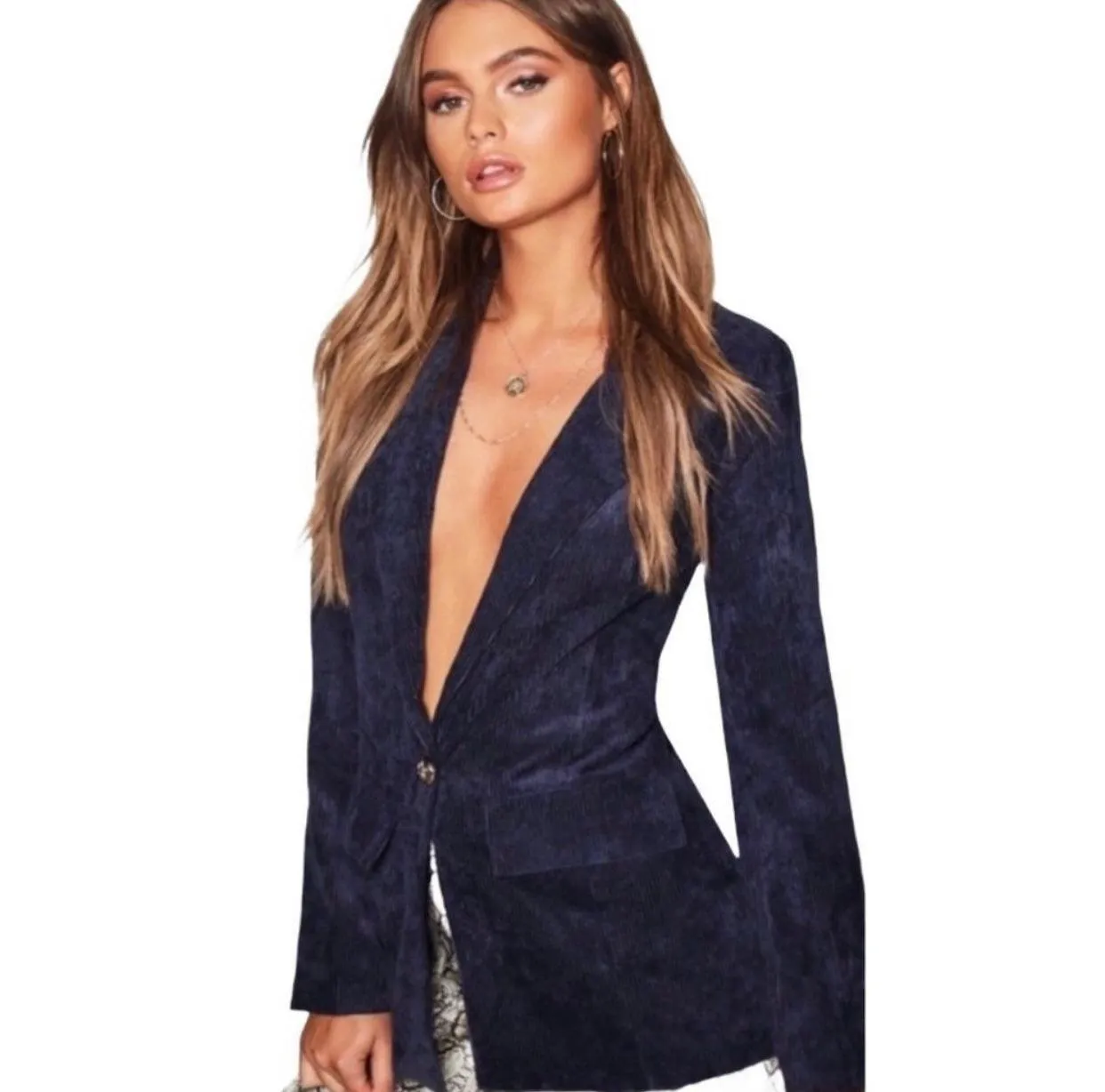 Blue Corduroy Button Front Blazer