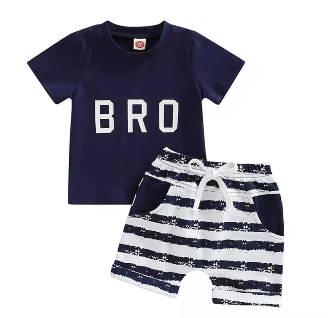 Boys Bro Tee & Short Summer Set , Navy & White