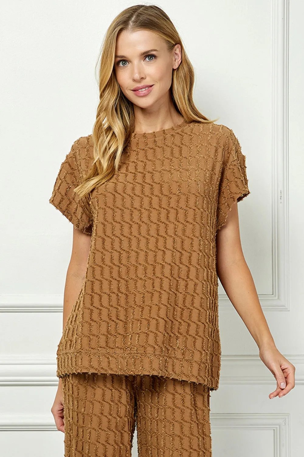 Brown Glitter Textured Short Sleeve Top & Pant Set