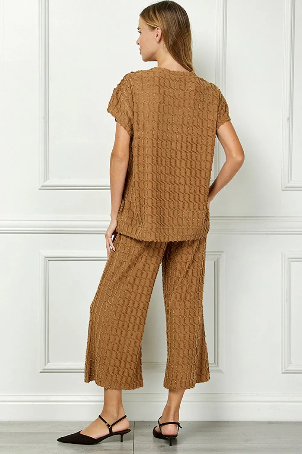 Brown Glitter Textured Short Sleeve Top & Pant Set