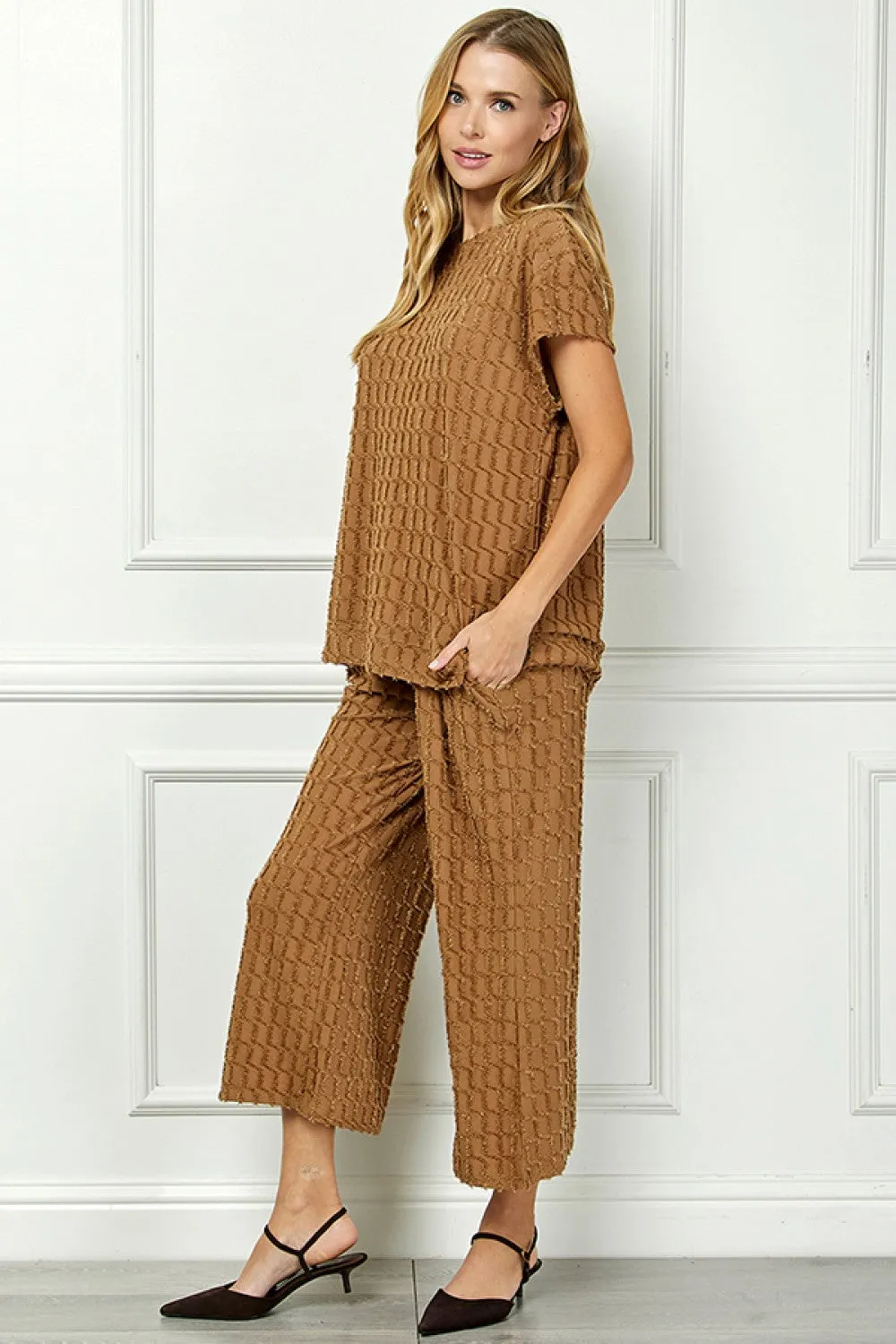 Brown Glitter Textured Short Sleeve Top & Pant Set