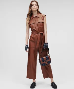 Brown Sleeveless Leather Jumpsuit