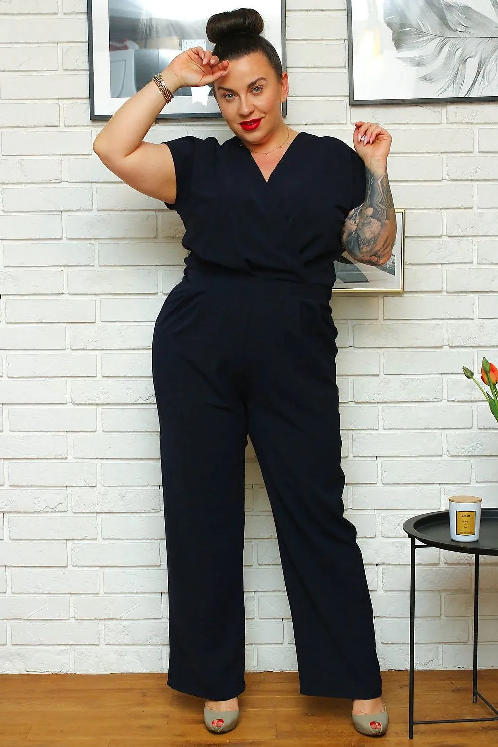 Chic Heart Neckline Plus Size Hanka Jumpsuit with Decorative Pockets