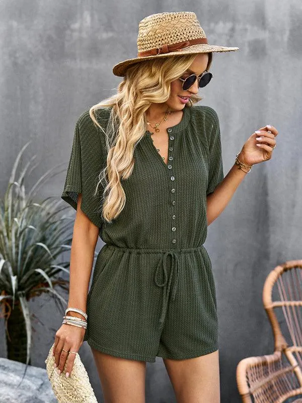 Chic Ribbed Weekend Romper with Front Button Closure - Women's Fashion Jumpsuit