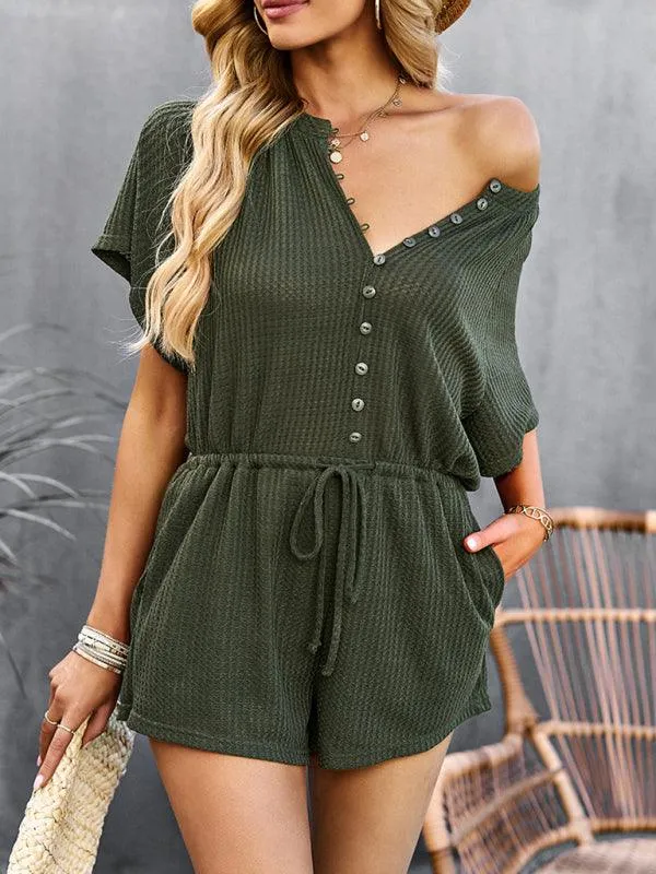 Chic Ribbed Weekend Romper with Front Button Closure - Women's Fashion Jumpsuit