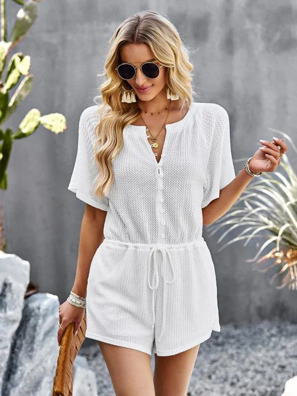 Chic Ribbed Weekend Romper with Front Button Closure - Women's Fashion Jumpsuit