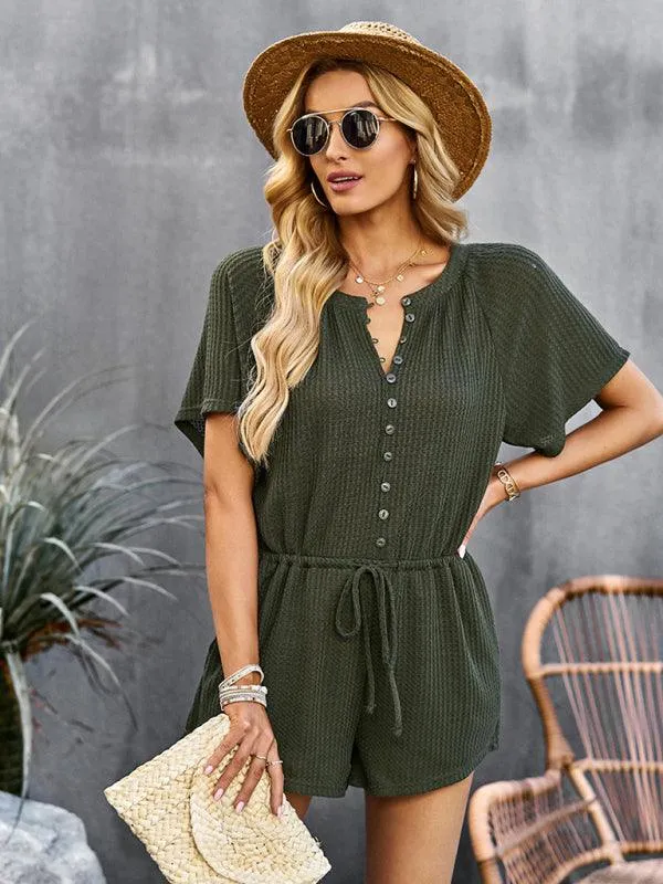 Chic Ribbed Weekend Romper with Front Button Closure - Women's Fashion Jumpsuit