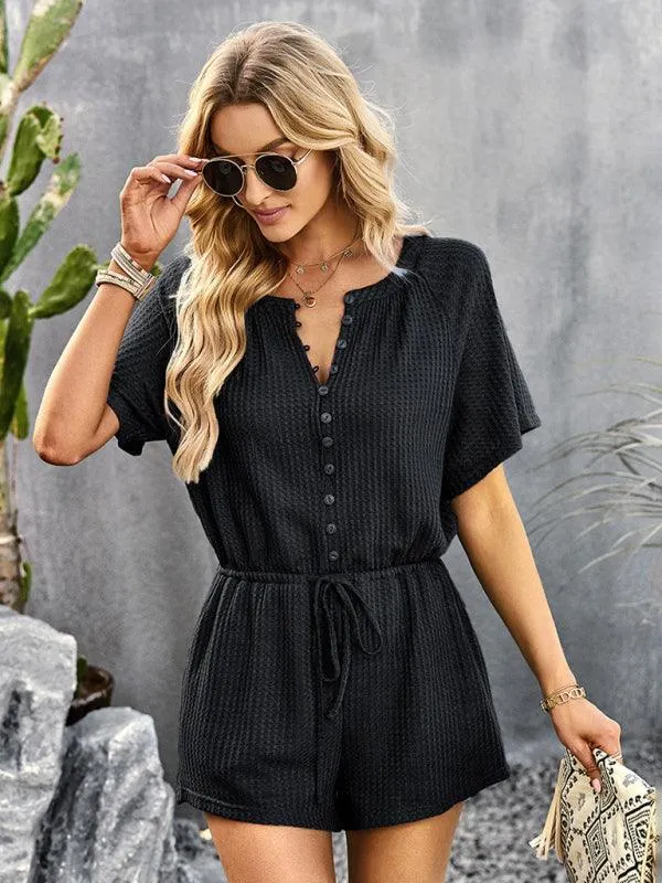 Chic Ribbed Weekend Romper with Front Button Closure - Women's Fashion Jumpsuit