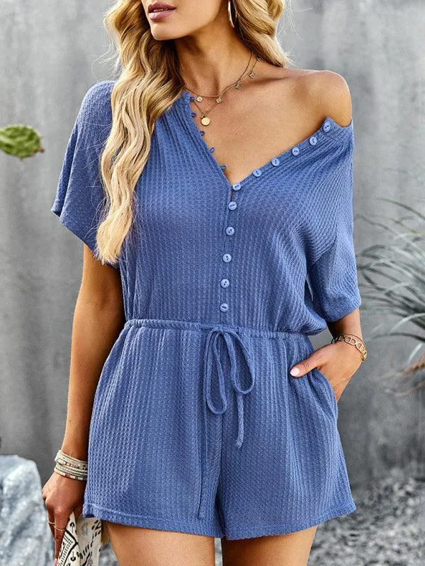 Chic Ribbed Weekend Romper with Front Button Closure - Women's Fashion Jumpsuit