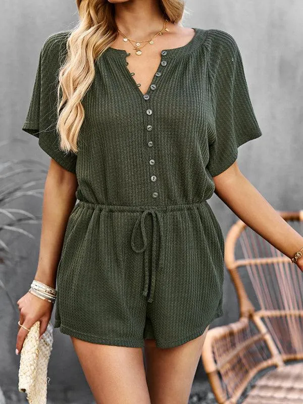 Chic Ribbed Weekend Romper with Front Button Closure - Women's Fashion Jumpsuit