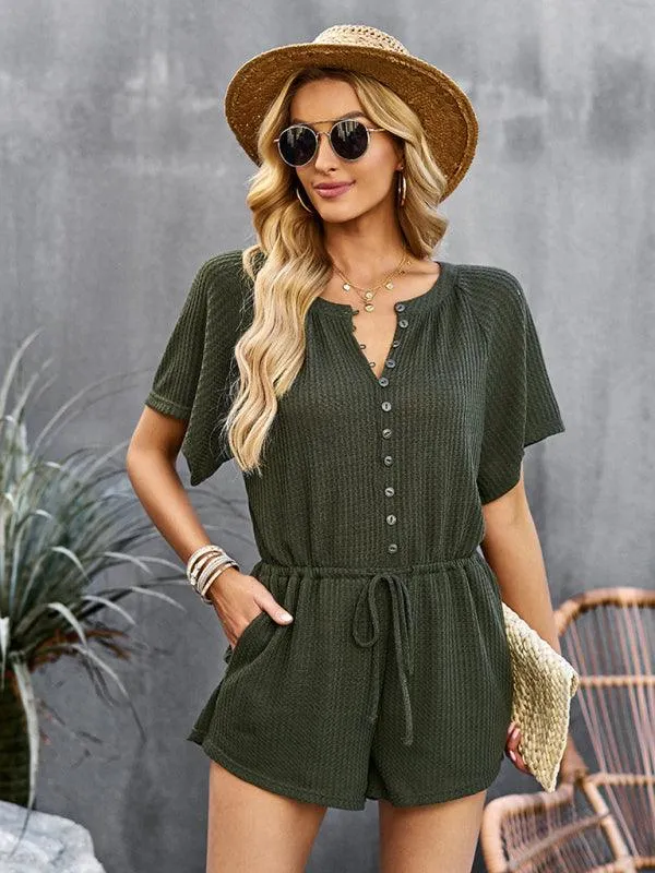 Chic Ribbed Weekend Romper with Front Button Closure - Women's Fashion Jumpsuit