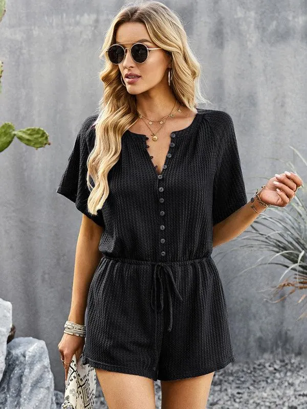 Chic Ribbed Weekend Romper with Front Button Closure - Women's Fashion Jumpsuit