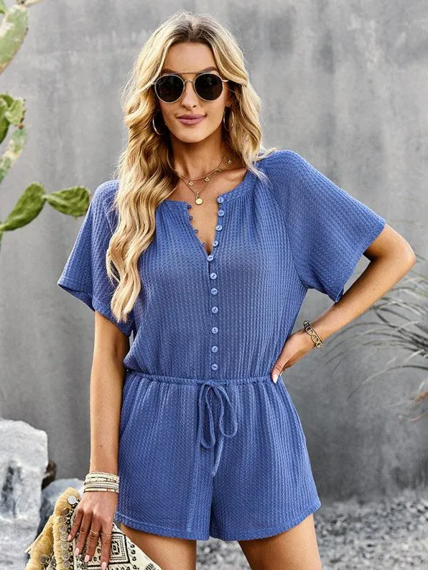 Chic Ribbed Weekend Romper with Front Button Closure - Women's Fashion Jumpsuit