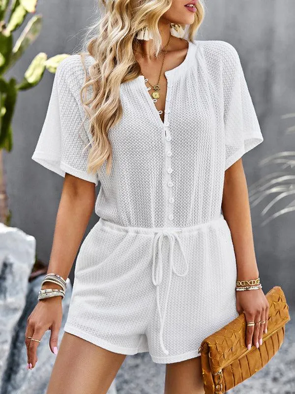 Chic Ribbed Weekend Romper with Front Button Closure - Women's Fashion Jumpsuit