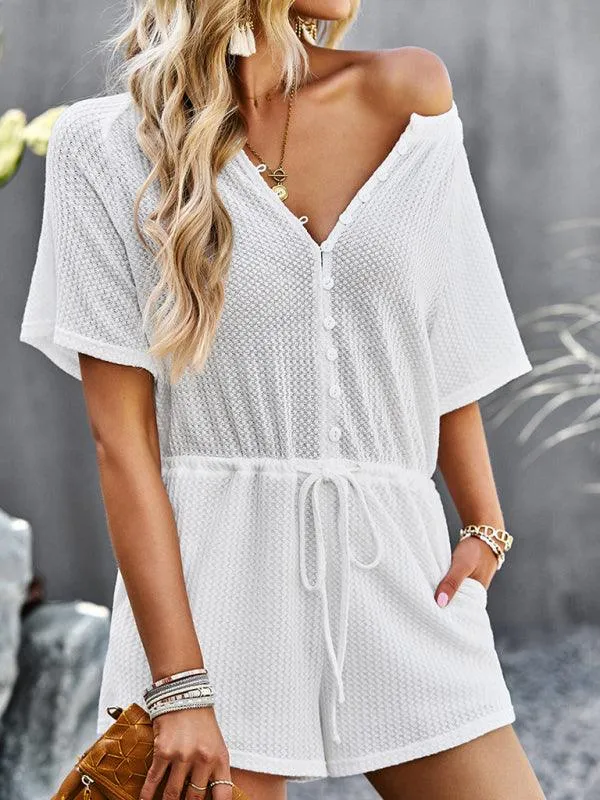 Chic Ribbed Weekend Romper with Front Button Closure - Women's Fashion Jumpsuit