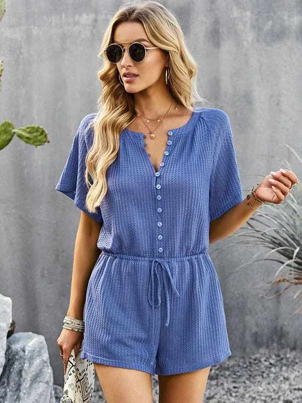 Chic Ribbed Weekend Romper with Front Button Closure - Women's Fashion Jumpsuit