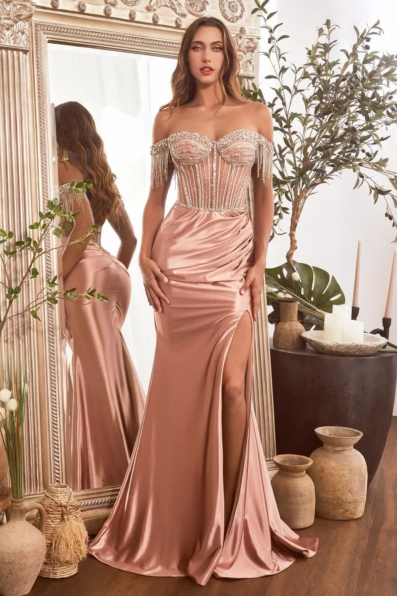 Embellished Off Shoulder Satin Side Slit Sweetheart Long Prom Dress CDCD821