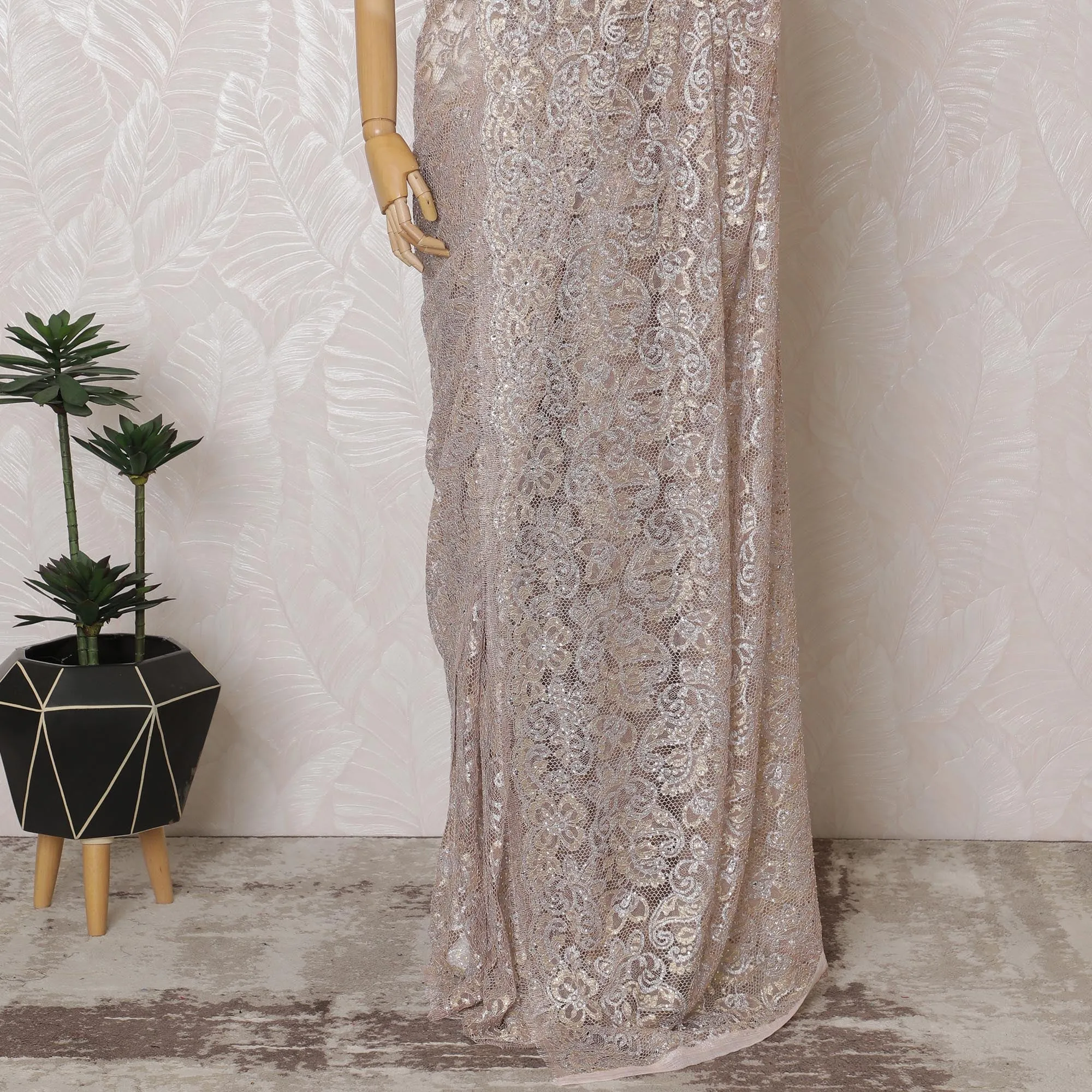 French Metallic Blush Pink Chantilly Saree Lace with Stone Work – 110 cm Width, 5.5 Meters, Made in France-D19427