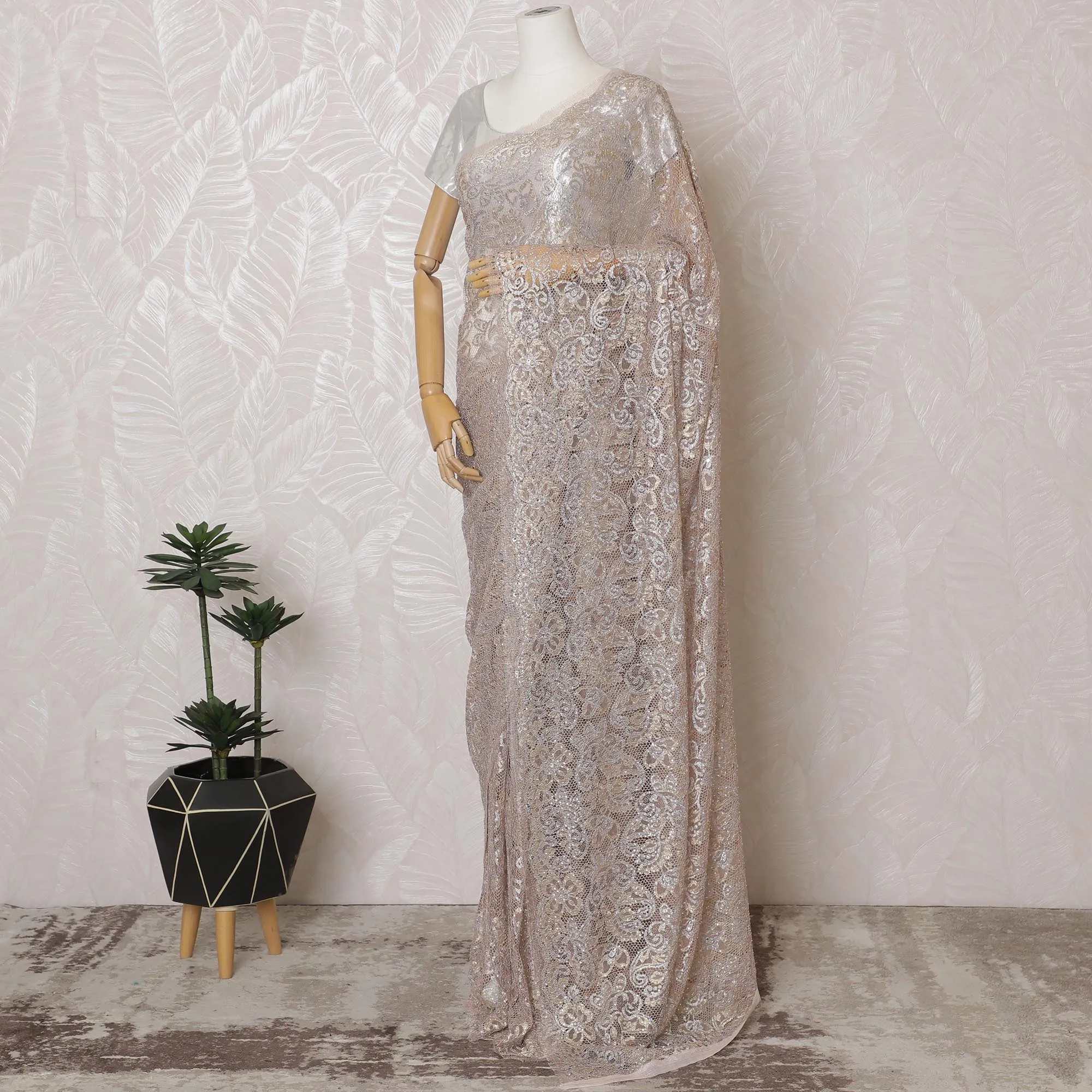 French Metallic Blush Pink Chantilly Saree Lace with Stone Work – 110 cm Width, 5.5 Meters, Made in France-D19427