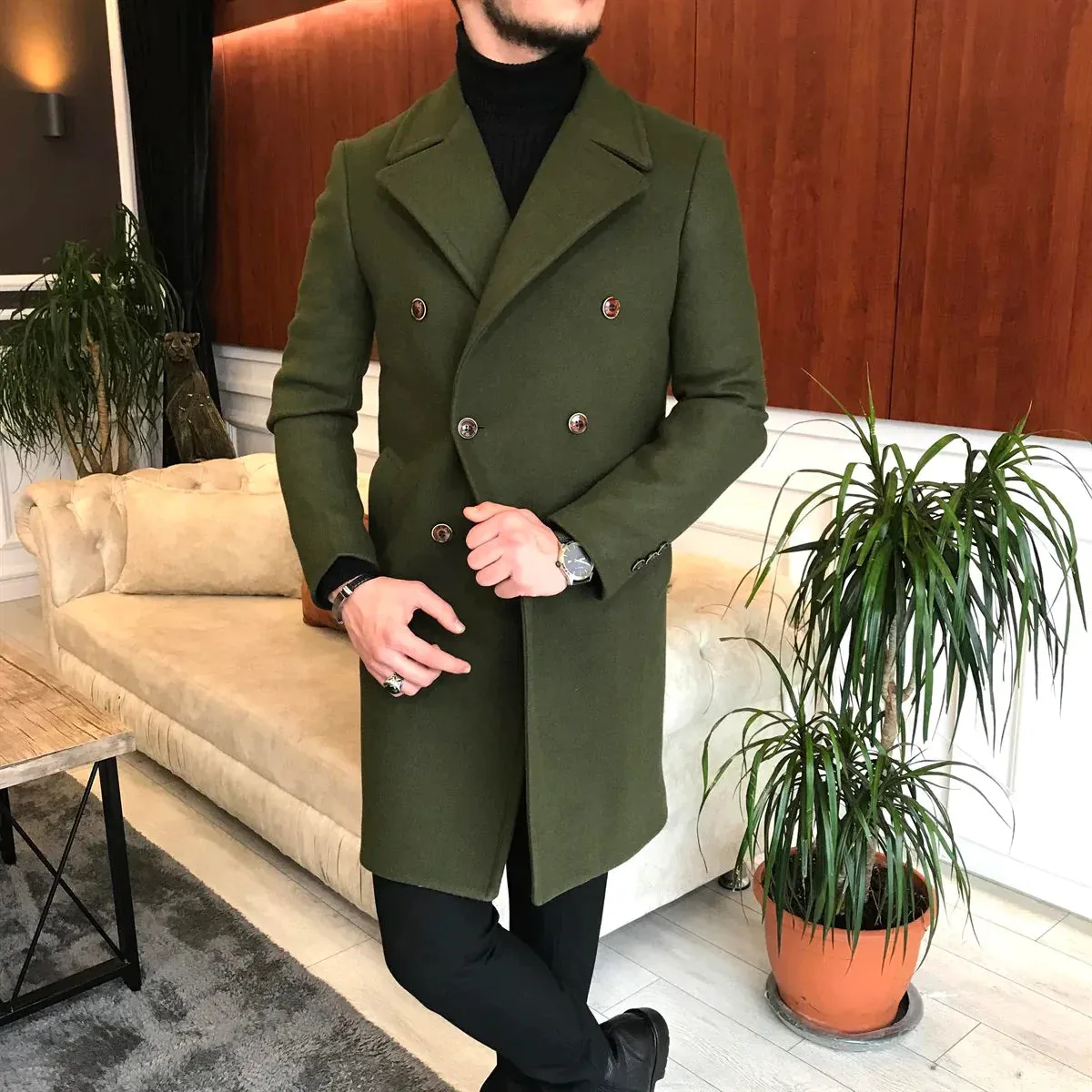 Frost Slim Fit Green Double Breasted Wool Over Coat by ITALIAN VEGA®