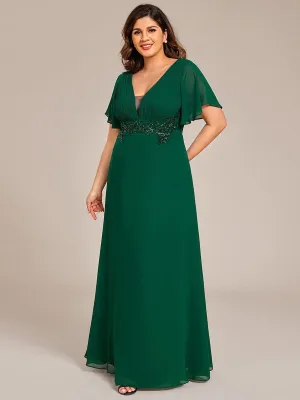 Grace | Plus Size Short Sleeve Waist Applique V-Neck Maxi Formal Evening Dress