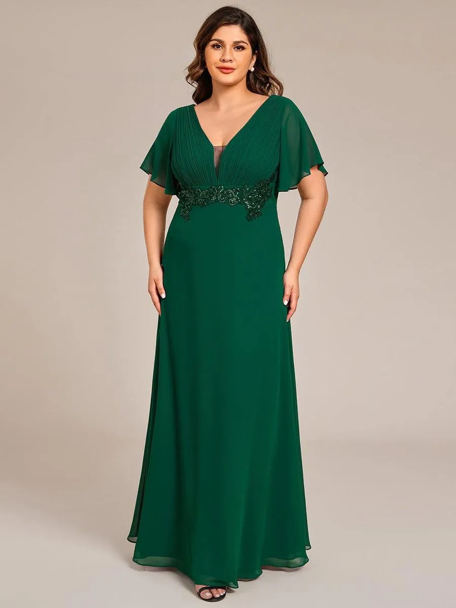 Grace | Plus Size Short Sleeve Waist Applique V-Neck Maxi Formal Evening Dress