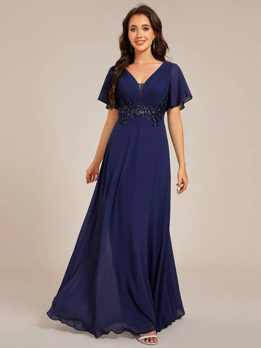 Grace | Plus Size Short Sleeve Waist Applique V-Neck Maxi Formal Evening Dress