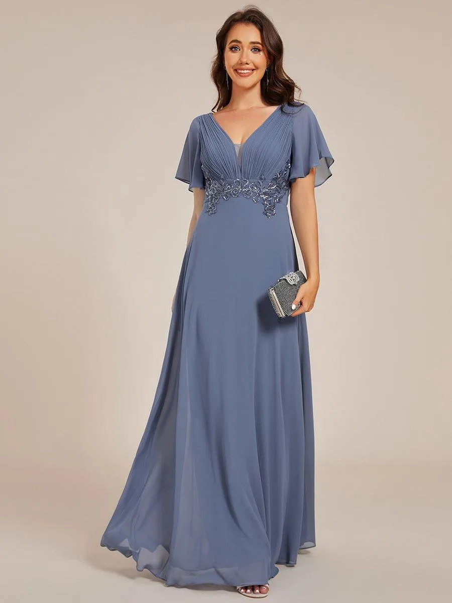 Grace | Plus Size Short Sleeve Waist Applique V-Neck Maxi Formal Evening Dress