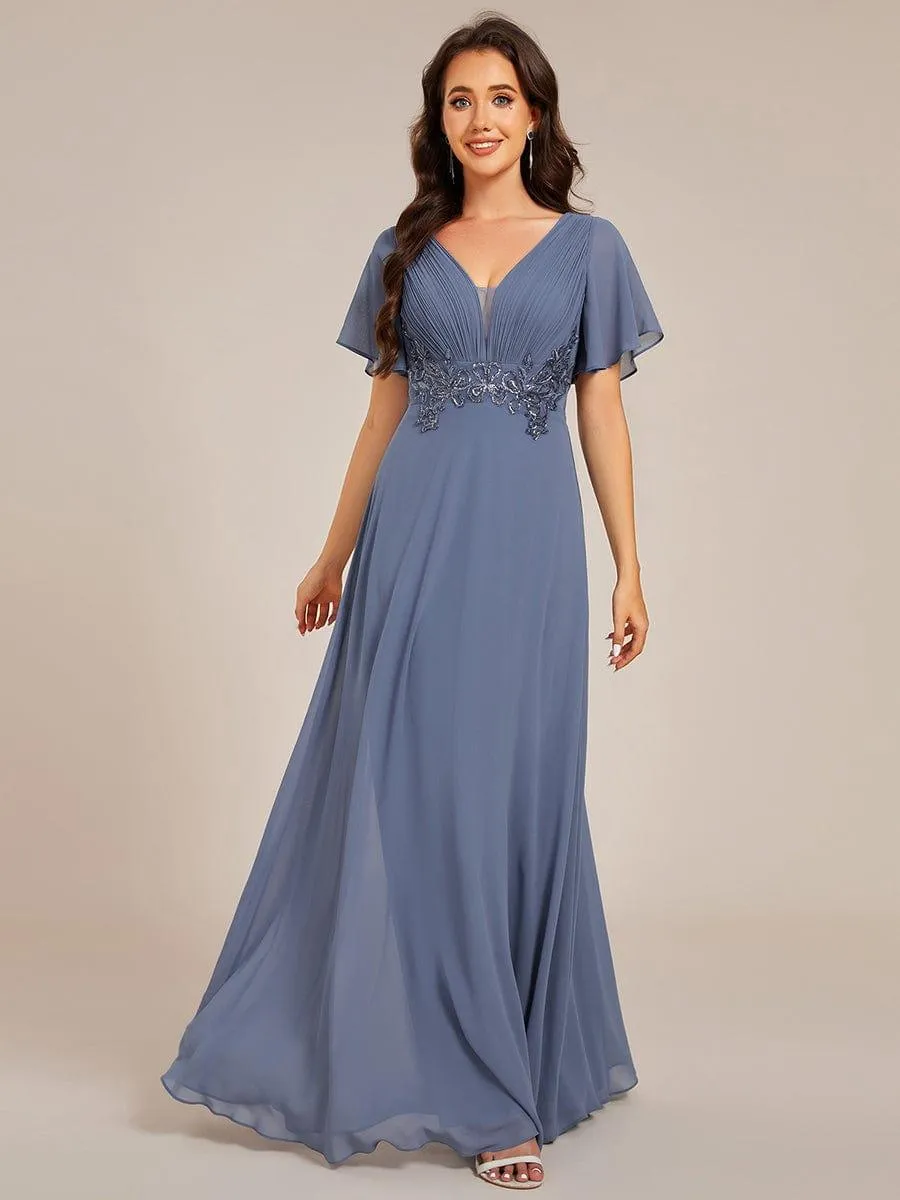 Grace | Plus Size Short Sleeve Waist Applique V-Neck Maxi Formal Evening Dress