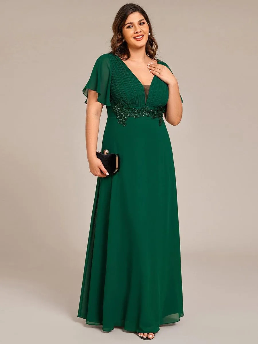 Grace | Plus Size Short Sleeve Waist Applique V-Neck Maxi Formal Evening Dress