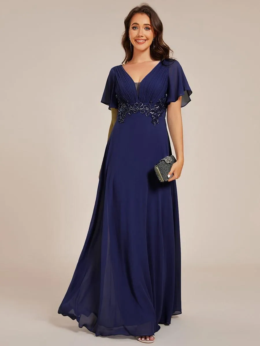 Grace | Plus Size Short Sleeve Waist Applique V-Neck Maxi Formal Evening Dress