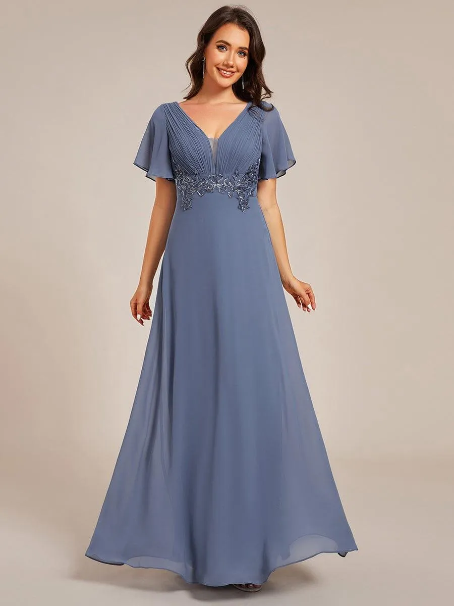 Grace | Plus Size Short Sleeve Waist Applique V-Neck Maxi Formal Evening Dress