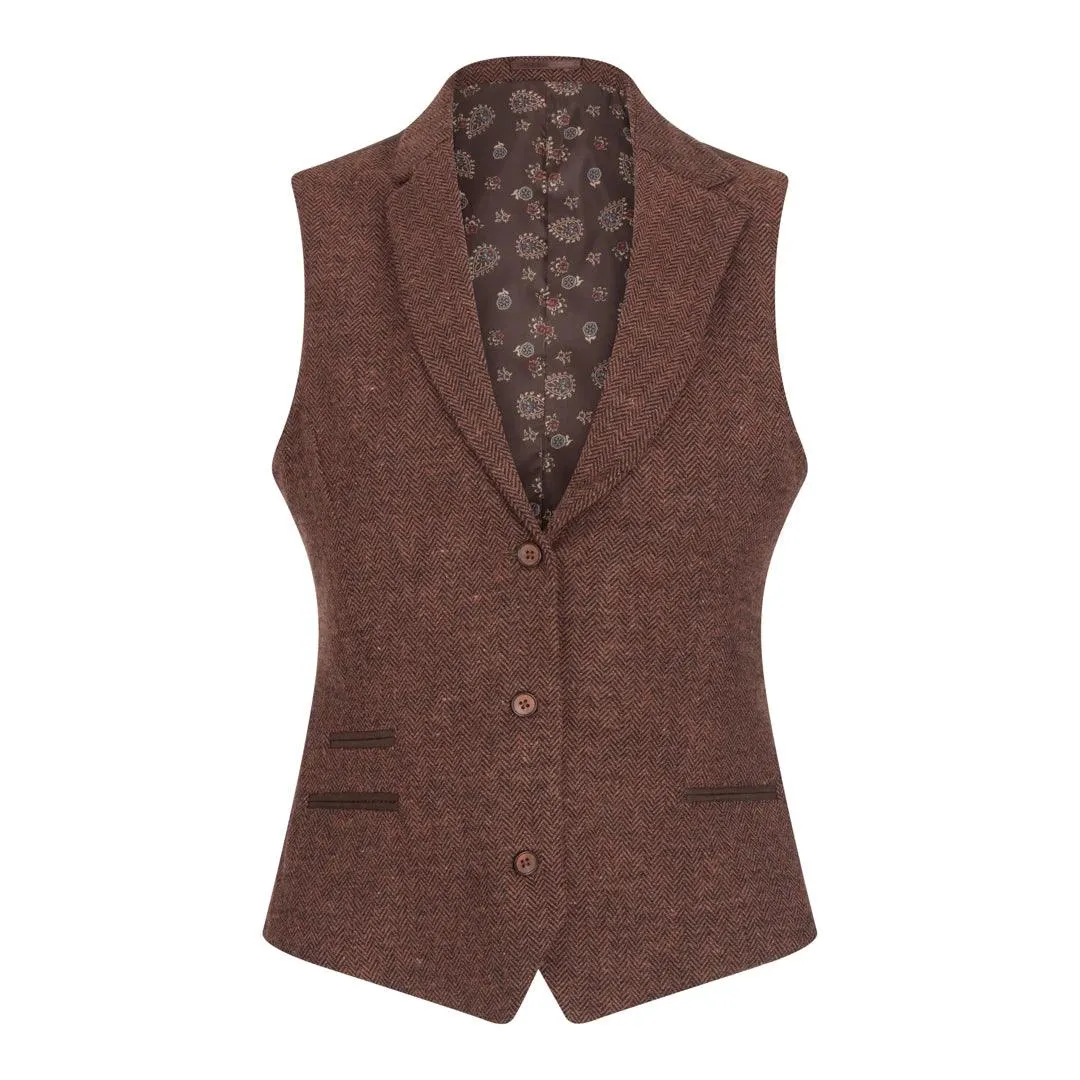 Ladies Tweed Suit Blazer Trousers Waistcoat Herringbone Wool Vintage Rust Brown