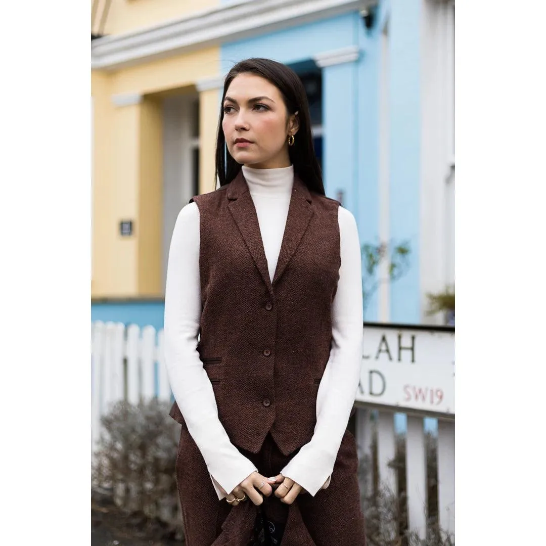 Ladies Tweed Suit Blazer Trousers Waistcoat Herringbone Wool Vintage Rust Brown