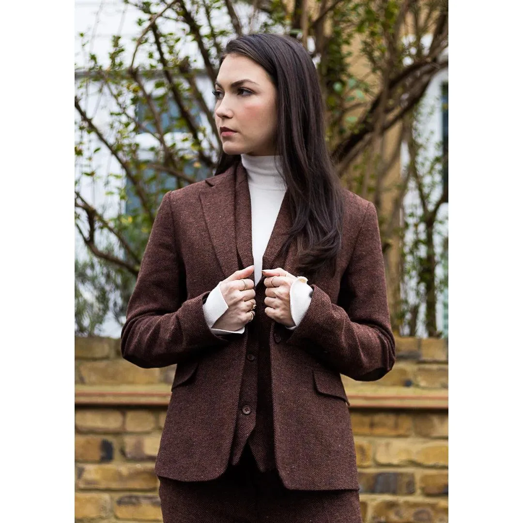 Ladies Tweed Suit Blazer Trousers Waistcoat Herringbone Wool Vintage Rust Brown