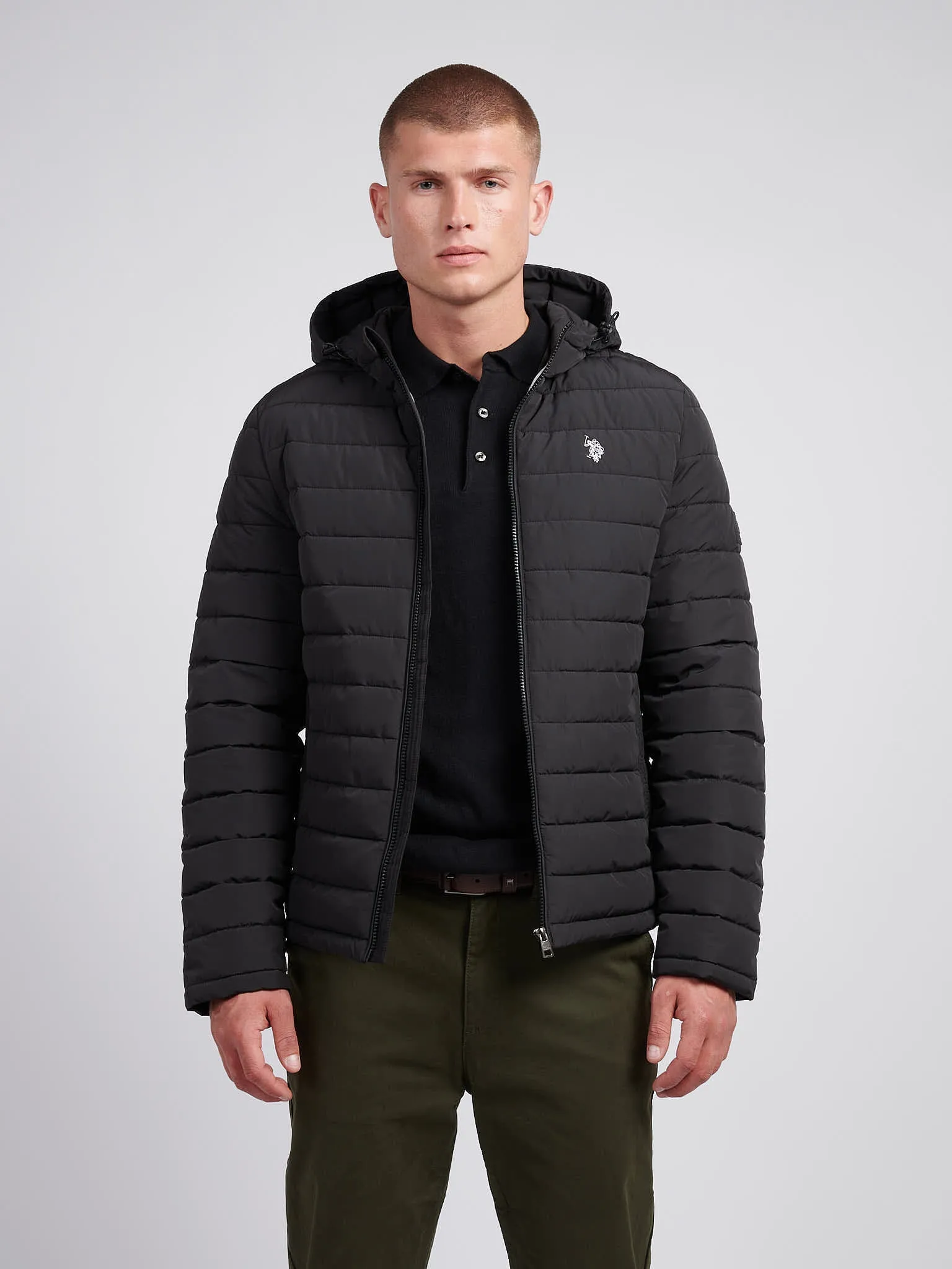 Mens Lightweight Quilt Hooded Puffer Jacket in Black