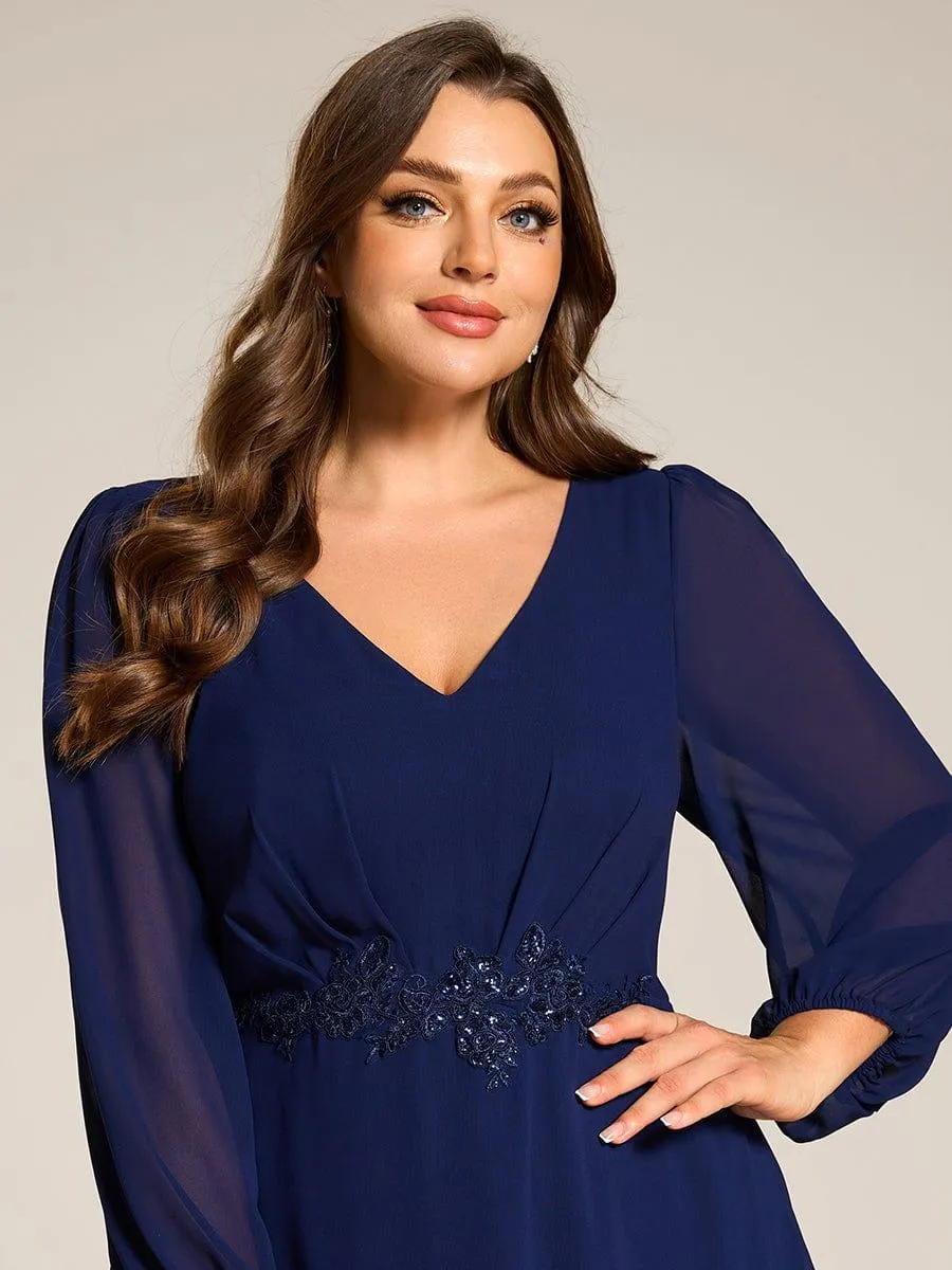 Nora | Plus Size V-Neck Long Sleeves Chiffon Formal Evening Dress with Applique